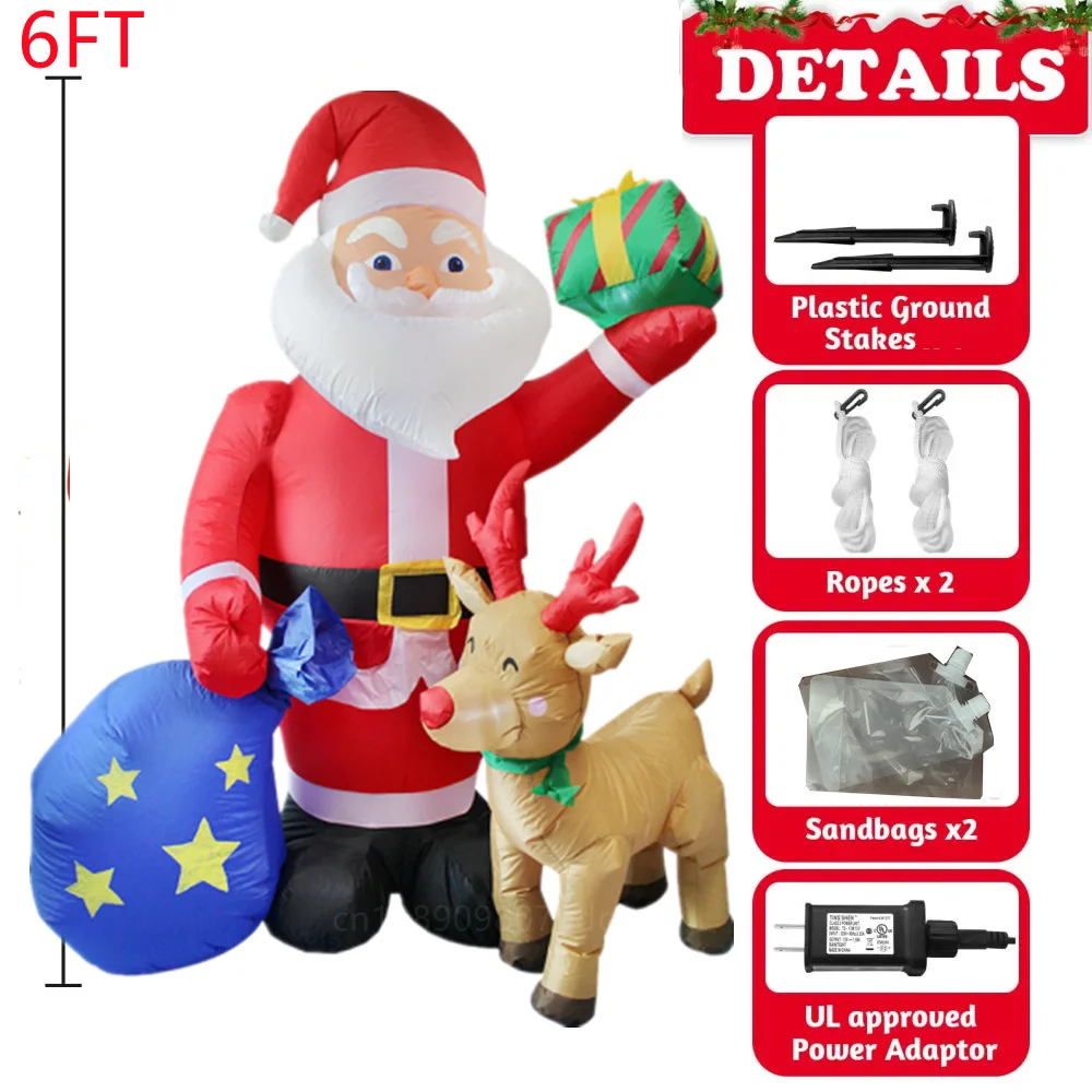 6FT/1.83M Inflatable Christmas Santa Claus Gift Bag With Deer Built-in LED Lights Outdoor Garden Decoration Garden Holiday Party 6