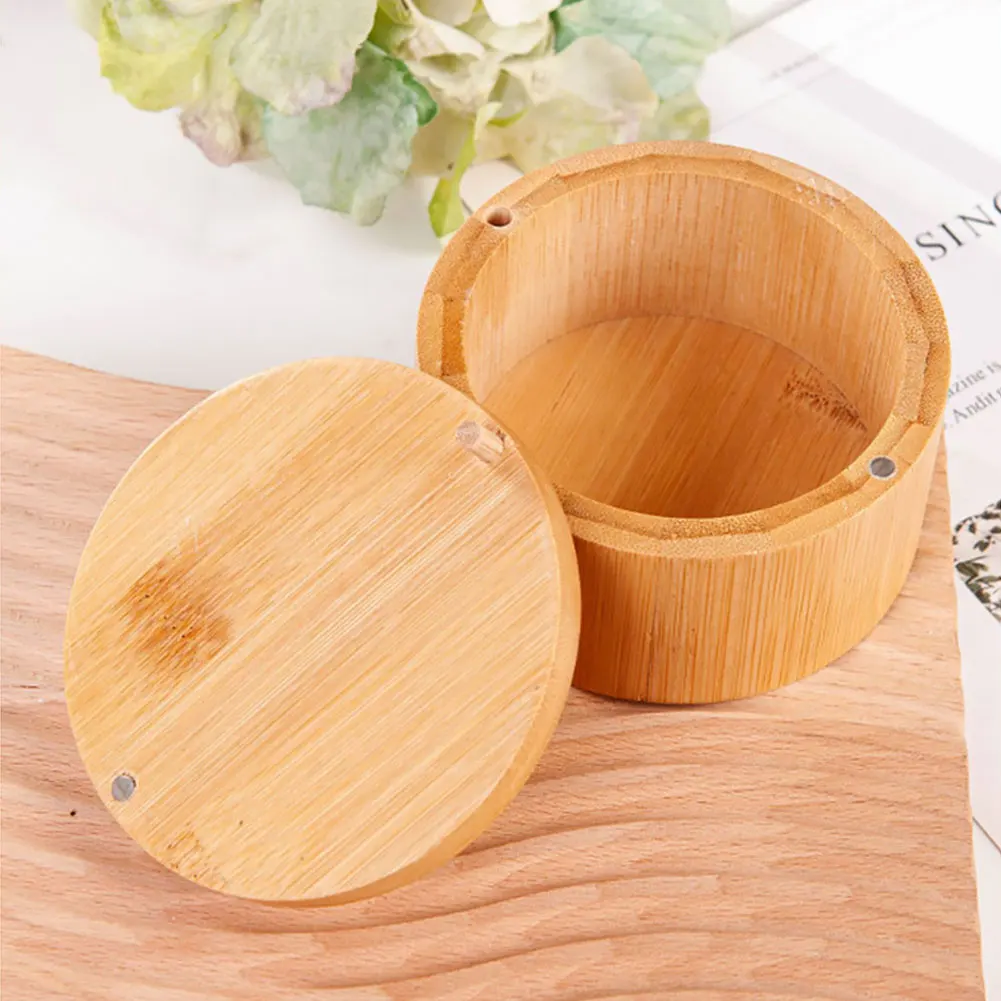 Bamboo Salt Cellar with Swivel Magnetic Closure Lid Bamboo Storage Box Round Salt Container for Storing Pepper Sugar Herbs