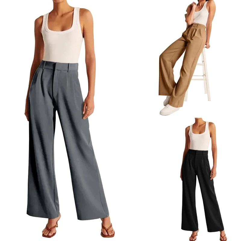 

High Waist Flowy Trousers Breathable Casual Loose Long Pants Business Attire