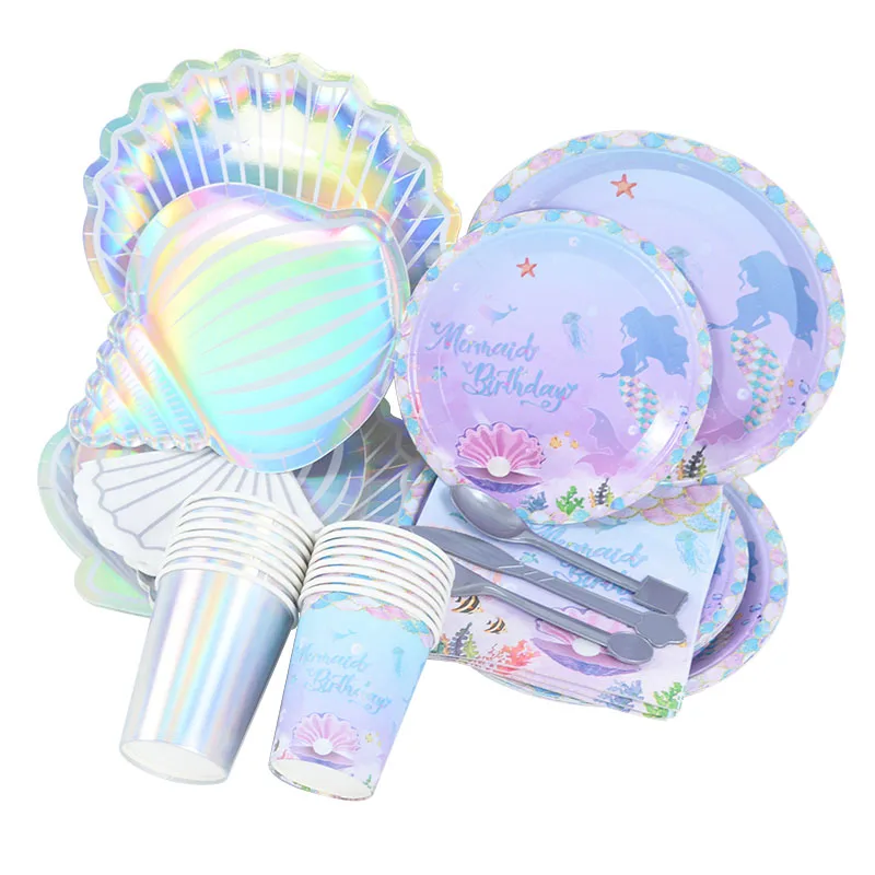 Mermaid Birthday Party Disposable Tableware Set Under The Sea Party Little Mermaid Girls 1st Birthday Decoration Shell Balloons