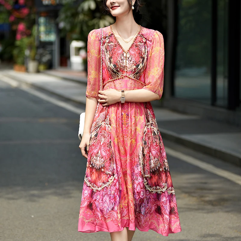 

Женское длинное винтажное платье миди из натурального шелка, с V-образным вырезом и принтом