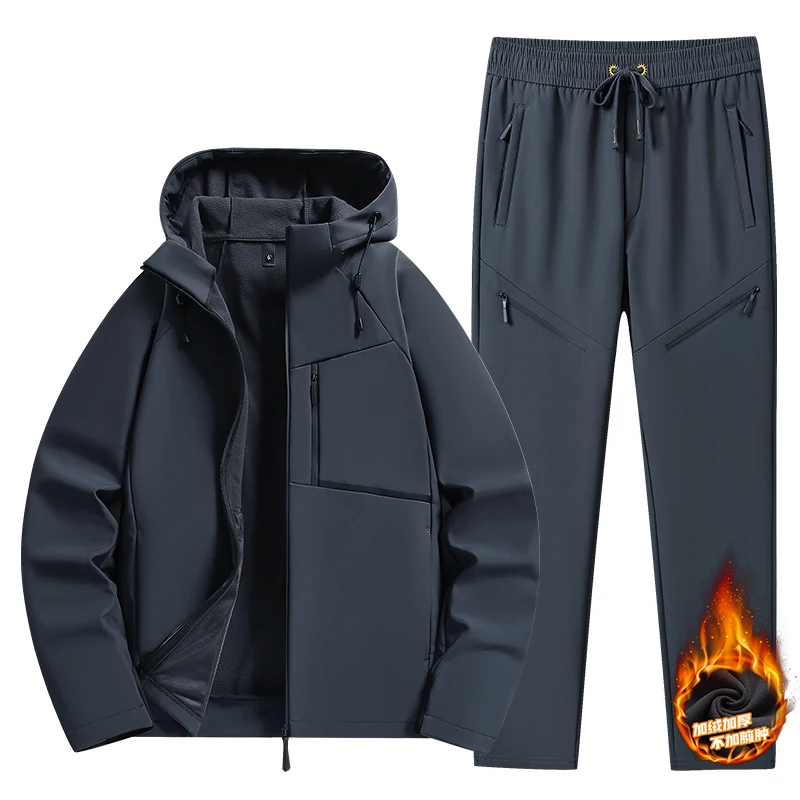 Plus Size 6xl 5xl Sportswear Men Softshell Thick Fleece Lined Hooded Hoodie Suit Menswear Jacket Pants 2 Pieces Set Tracksuits 2