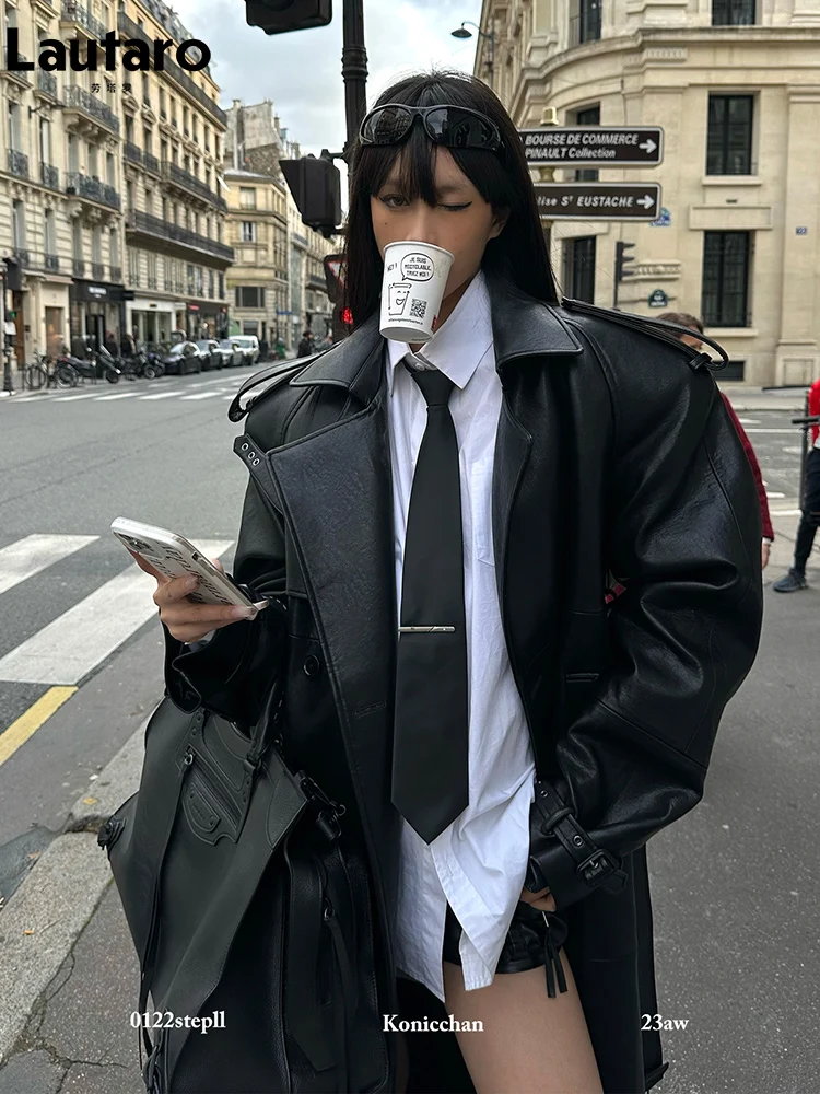 Lautaro Spring Autumn Extra Long Black Pu Leather Trench Coat for Women with Back High Slit Luxury Chic European Fashion 2024 3