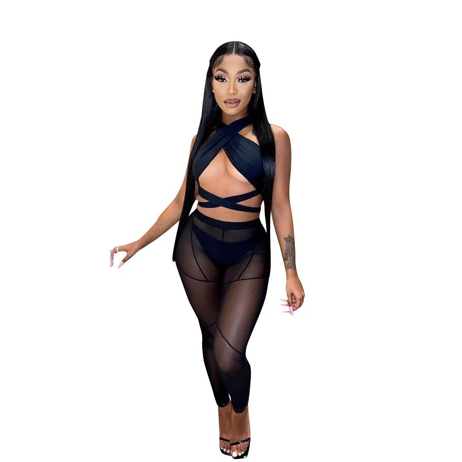

Sexy Hot Nightclub Women Cross Halter Mesh Outfits Women Bodysuits