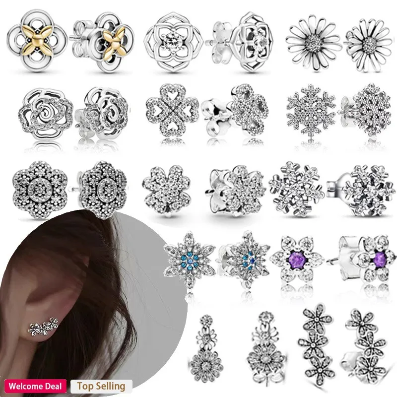 925 Silver Popular Women's Original Sparkling Daisy Learn Flower Logo Rose Earrings Fashion Light Luxury DIY Charm Jewelry