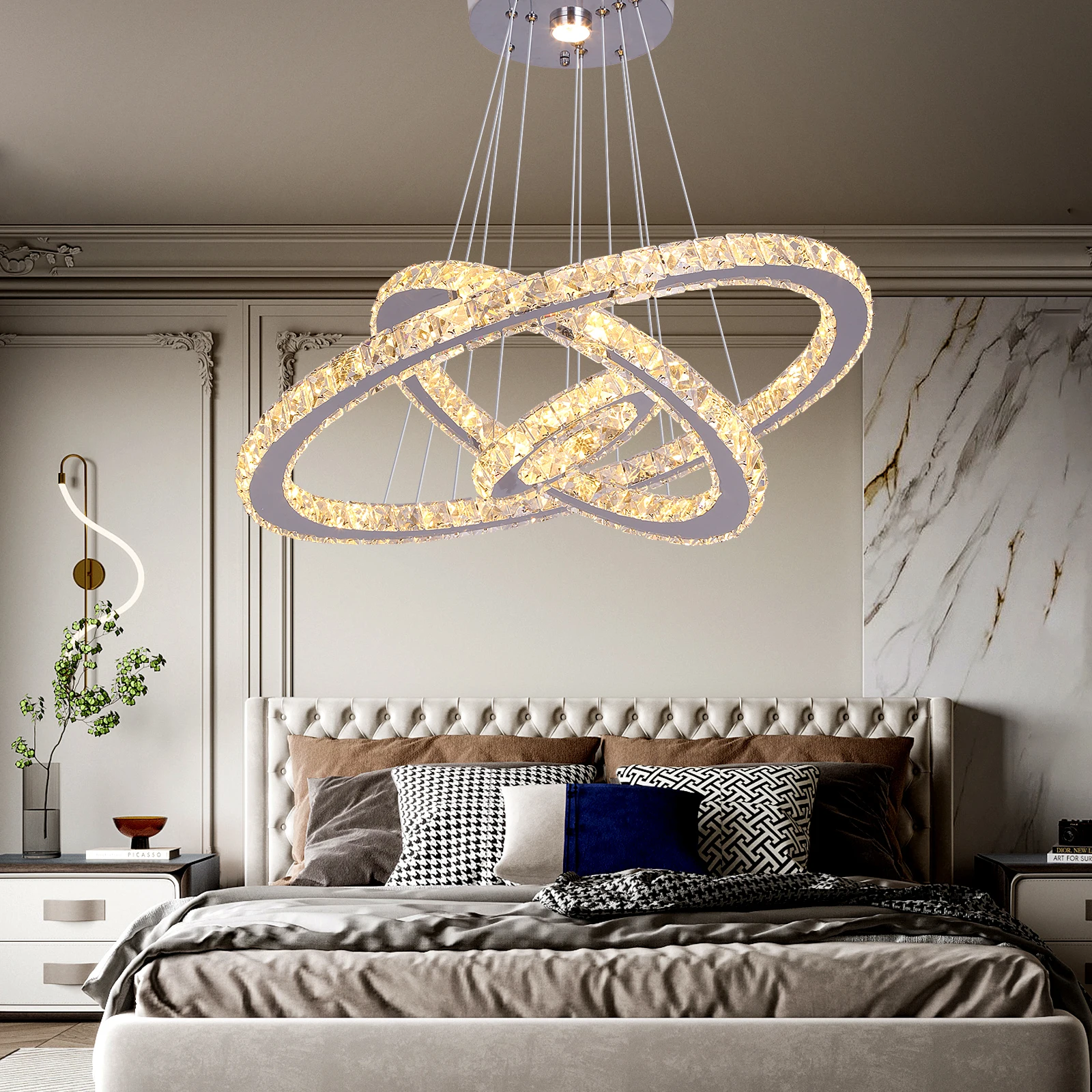 round chandelier Luxury Diamond 5 Rings Circle Crystal LED Chandelier Lighting Fixture Crystal Pendant Hanging Lamp Stair Hall Dimming Lustres chandelier ceiling light