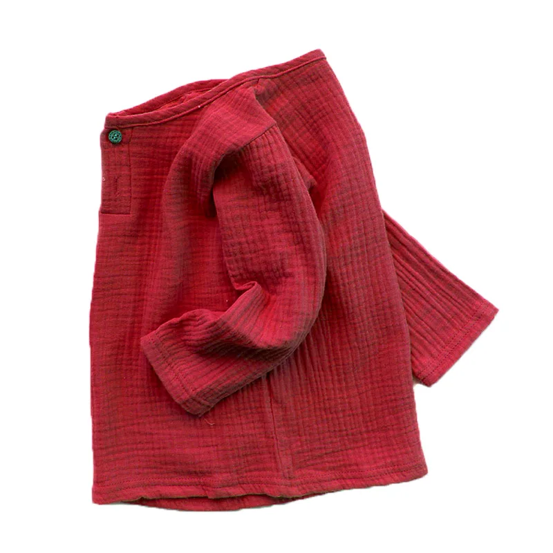 Spring Kids T-shirts Baby Linen Pleated Solid Color Tops Children Long Sleeve For Boys and Girls