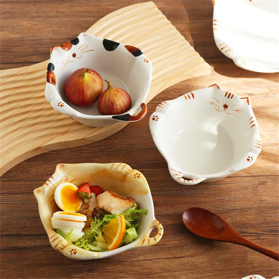 Ceramic Salad Bowl 330ml/11oz Creative Hand Drawn Kitten Bowl Cute Fruit Salad Bowl