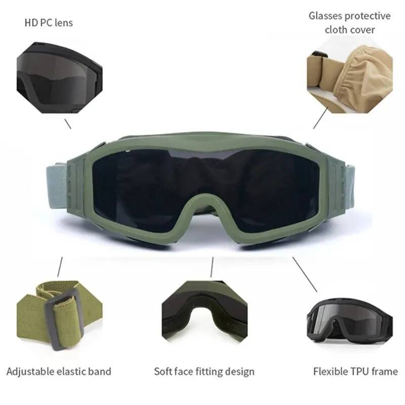 Polarized sports glasses Tactical goggles Shooting glasses Airsoft Tactical Goggles 3 Lens Wind Dust Proof Shooting Motocross Motorcycle Mountaineering Glasses Safe UV Protection