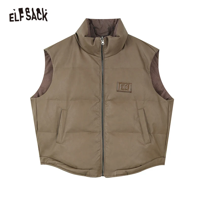 ELFSACK Graphic Brown PU Thicken Vest Women 2023 Winter New Designer Warm Outwears