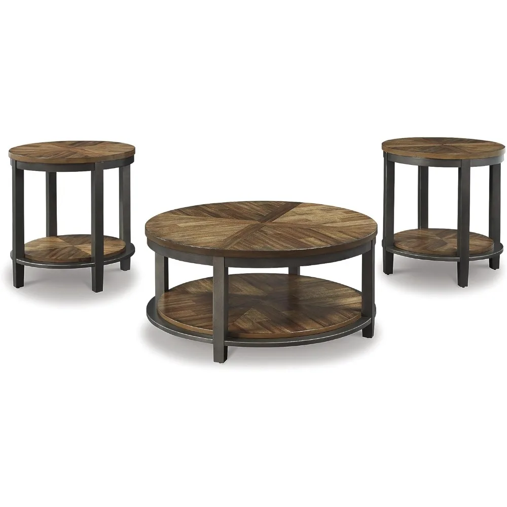 Includes 1 Coffee Table and 2 End Tables With Fixed Shelf Roybeck Rustic Round 3-Piece Table Set Furniture Light Brown Mesas
