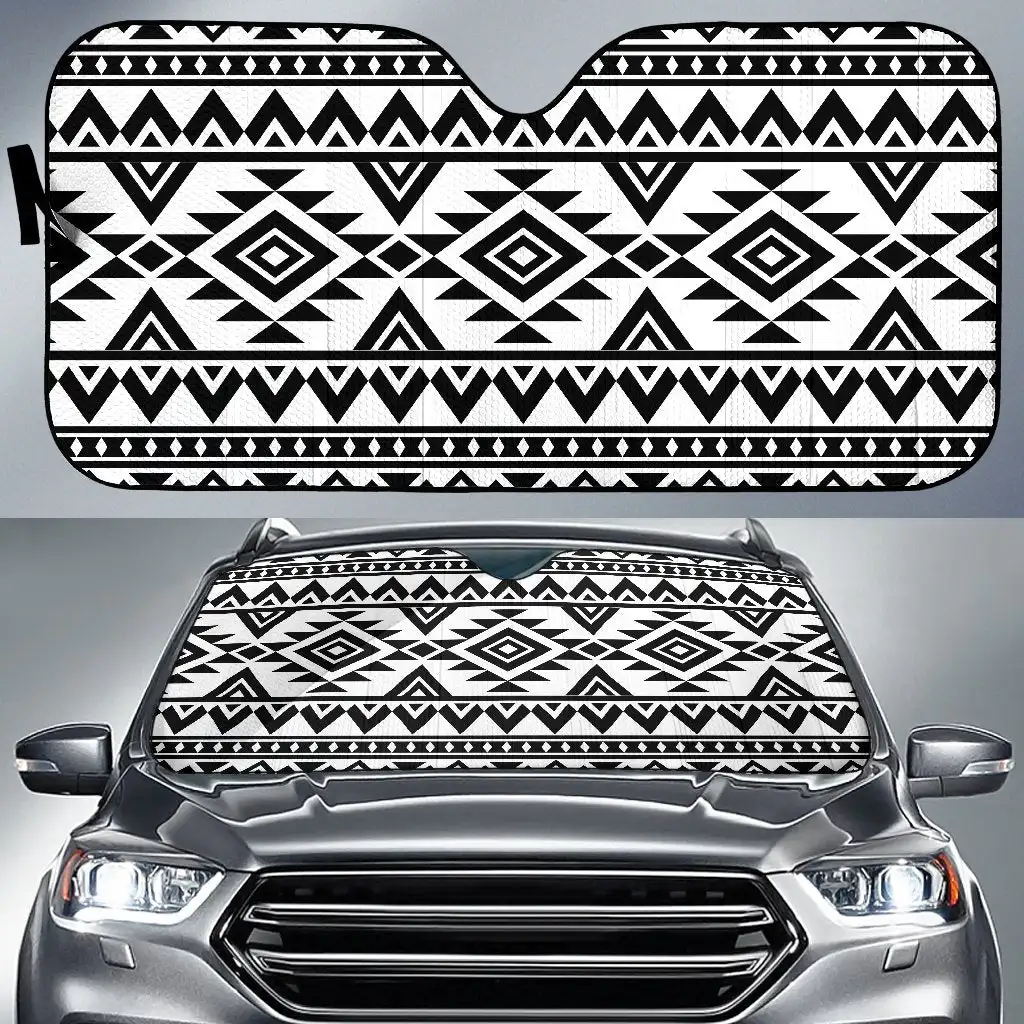 

White And Black Aztec Pattern Print Car Sun Shade