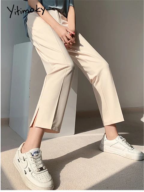 Yitimoky Pants Women Office Ladies Grey Suit Straight Cargo Ankle-Length  Pants Summer 2022 Korean Vintage High Waist Clothing - AliExpress