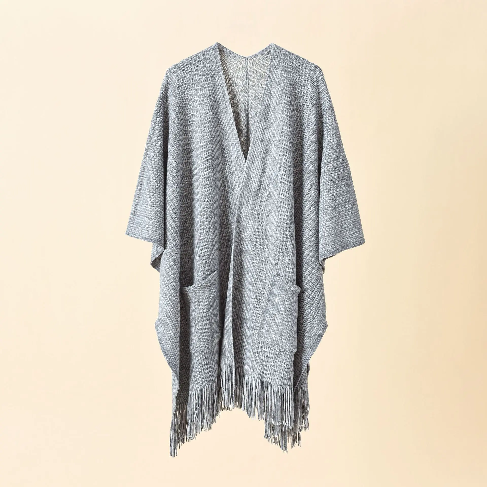 

2022 Spring Autumn New Knitted Solid Color Pocket Tassel Female Shawl Imitation Cashmere Women Cloak Lady Poncho Capes Gray