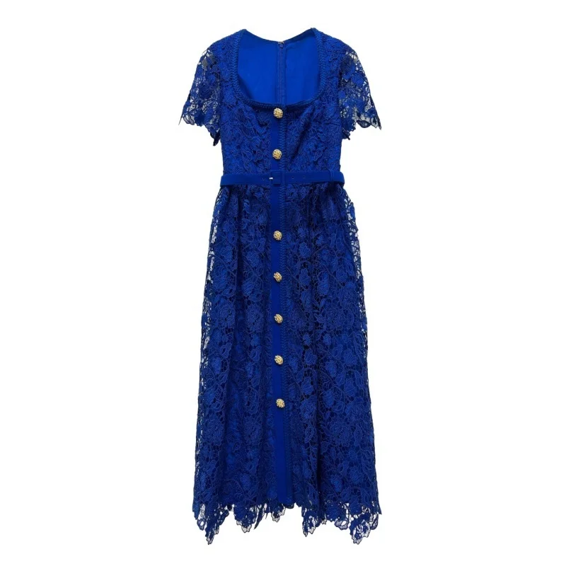 

2023 Summer Women Long Lace Dress Blue Single Breasted Golden Button Short Sleeve A Line Embroidery Midi Dresses Evening