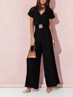 Women's S-2XL size Spring Summer Women's Fashion V-neck Short Sleeve Jumpsuit Ladies  Casual Belt Solid Color Jumpsuit - Image 2