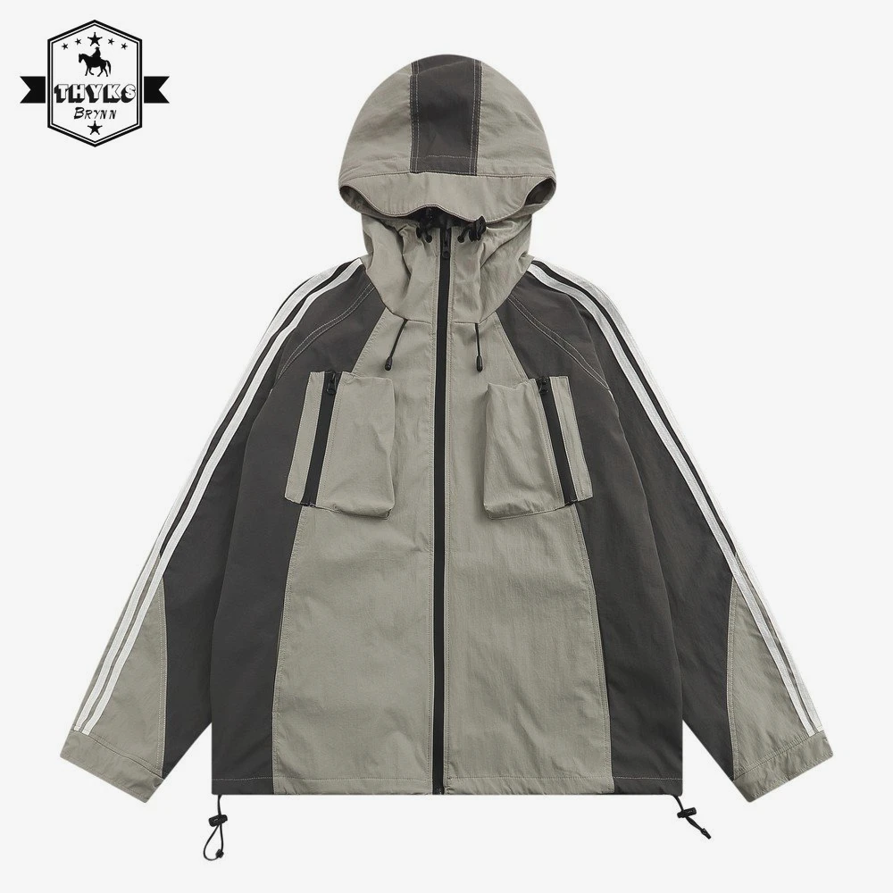 

Patchwork Hooded Jackets Waterproof Men's Windbreakers Raincoat Pockets Design Unisex Varsity Coats Zip Up Hoodies Streetwear