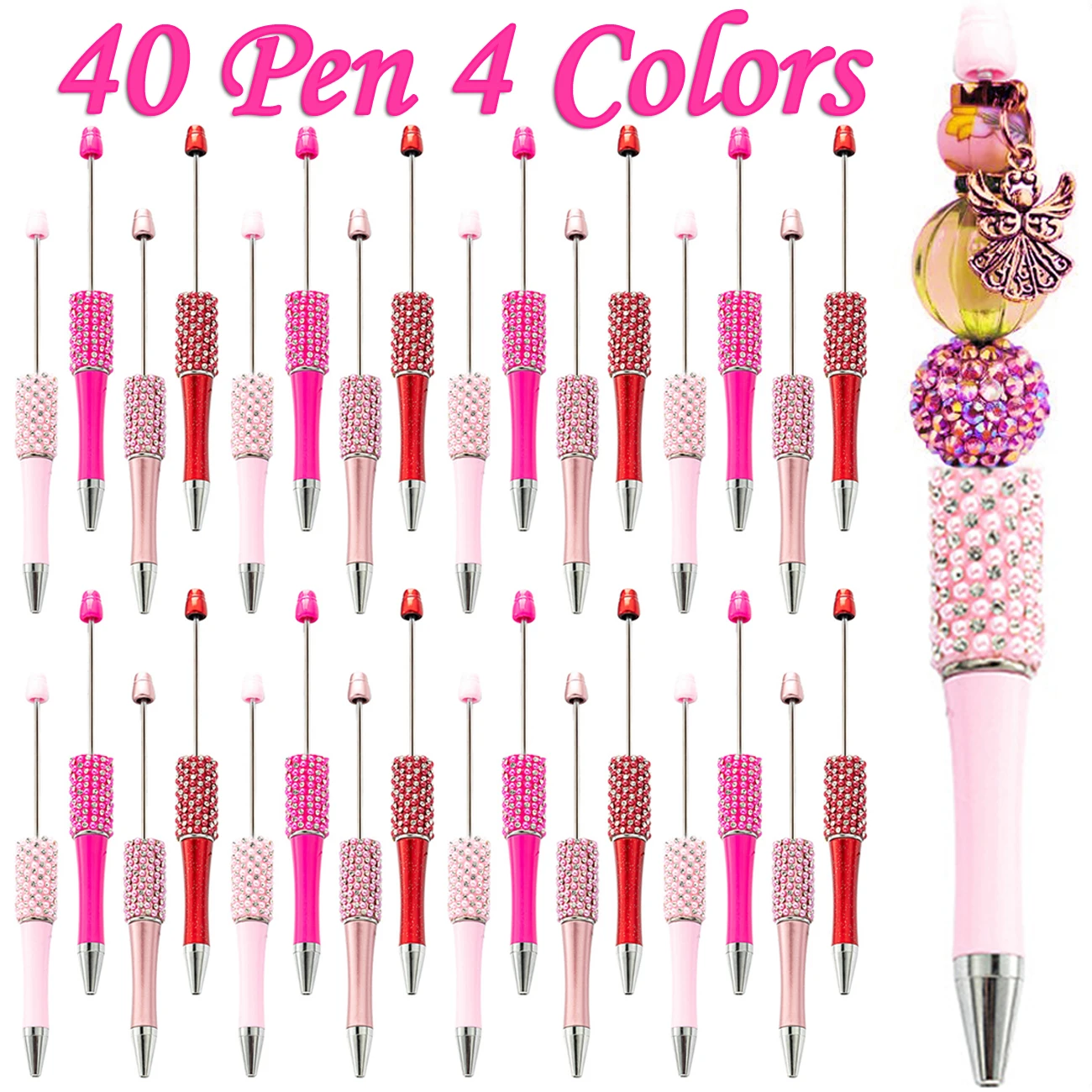 40Pcs  Diamond Bead Ballpoint Pen Handmade Sticking Beaded Pens Creative Colorful Rhinestone Pens School Office Supplies