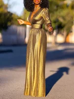 Yeezzi Women Fashion Shiny Sexy Deep V-neck Wide Leg Prom Jumpsuits 2025 New Spring Summer Solid Color High Street Outfits - Image 2