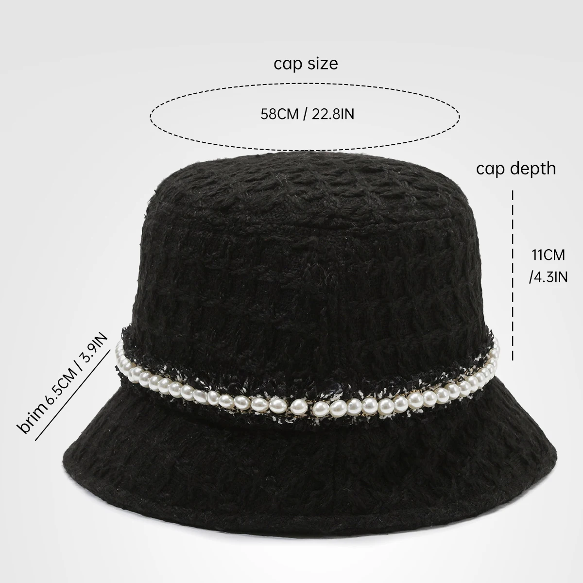 Chic Tweed Pearl Bucket Hat for Women, Autumn and Winter Korean and Japanese Style, Woolen Hat for Shopping, Cold Protection, Fashionable Outing