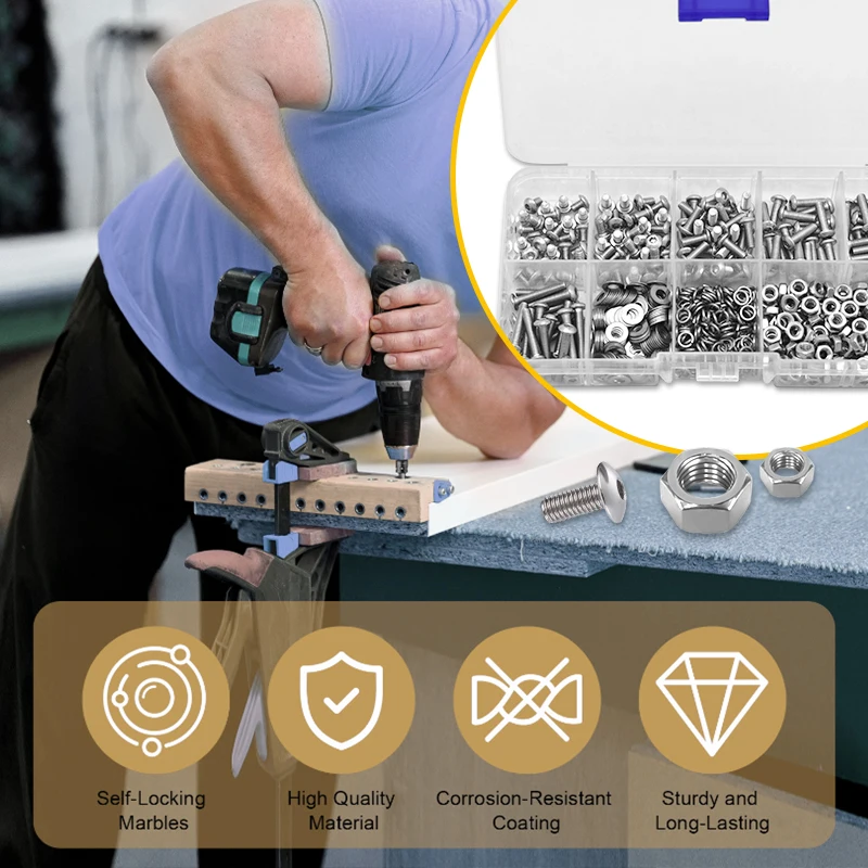 Corrosion-Resistant 304 Stainless Steel Button Head Hex Screw Combo Kit with Washers & Nuts M2 to M6, Heavy Duty Fastener Set