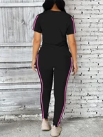 2025 Women's Summer Two-Piece Set Sportswear Short Sleeve Trousers Color Block Soft Fashion Basic Versatile Outfit - Image 2