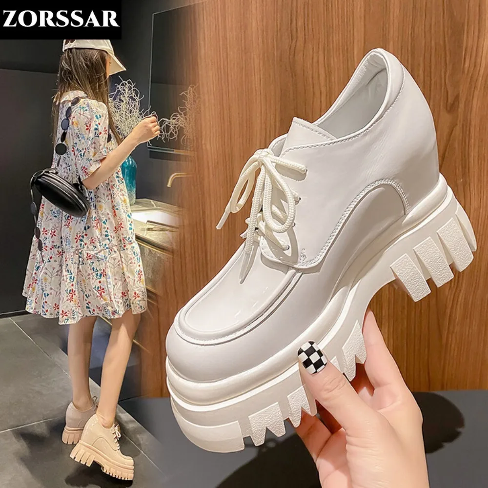 

Genuine Leather Height Increasing Platform Shoes Female Thick Sole Students Casual Shoes Woman Lace Up Hidden Wedge Women Shoes