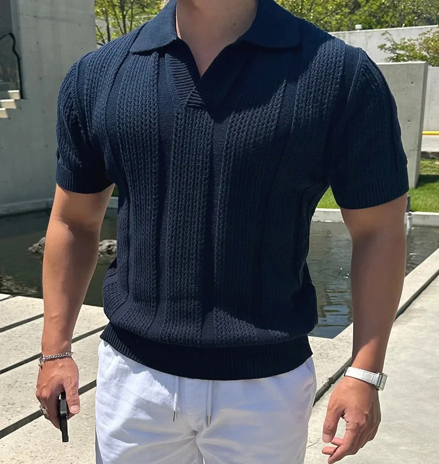 Fold collar hollow-out knitted polo shirt purplish blue