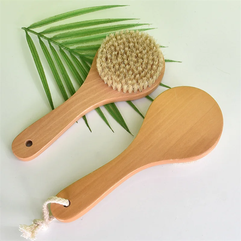 Dry Bath Body Brush Back Scrubber Short Handle Bath Shower Brush With Anti-Slip Wooden Handle Round Head Scrubbing Brush 5