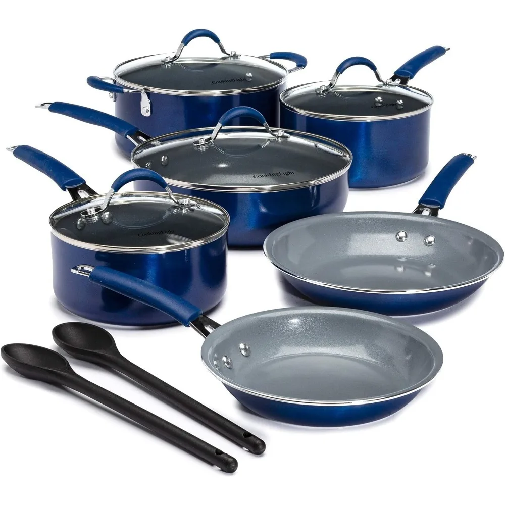 

Nonstick Ceramic Pots and Pans Set with Silicone Stay Cool Handles, Dishwasher Safe, 12-Piece Cookware Set, Blue