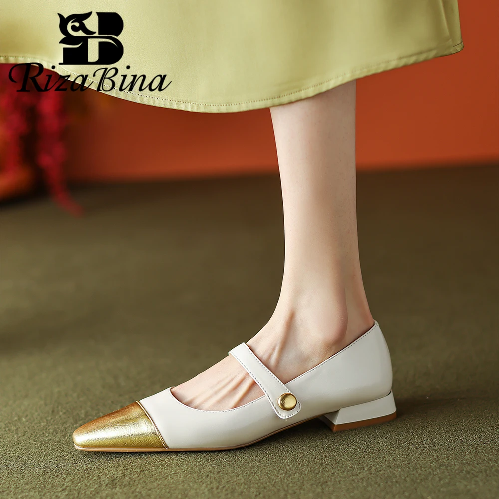 

RIZABINA Women Fashion Pumps Real Leather Pointed Toe Thick Heels Mary Jean Shoes Ladies Chic Mixed Color Slip On Daily Shoes