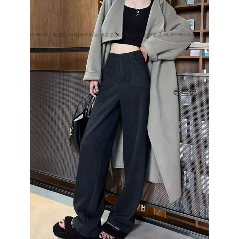 Abito di lana a vita alta ispessito autunno inverno da donna bianco a gamba larga Pantaloni dritti casual alla moda 1