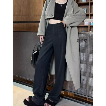 Abito di lana a vita alta ispessito autunno inverno da donna bianco a gamba larga Pantaloni dritti casual alla moda 1