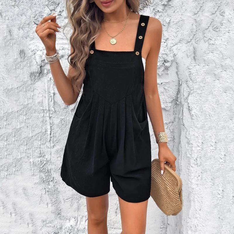 2024 Summer Women's Button Design Casual Short Jumpsuit Temperament Commuting Female Clothes Literary Retro Cotton Romper
