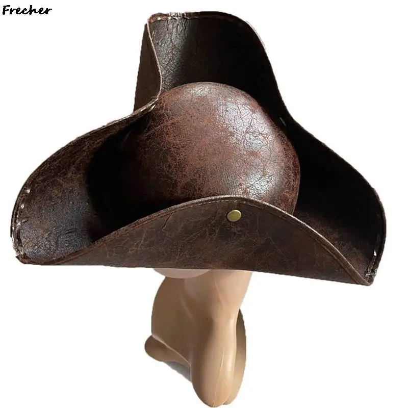 Role Play Pirate Hats Brown Leather Cowboy Hat Performance Masquerade Headwear Cosplay Costume Captain Caps Party Tricorn Cap