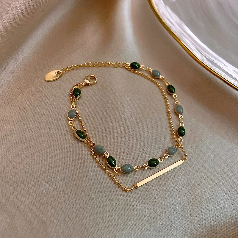 Crystal Bracelet Accessories For Women Crystal Charm Bracelets Gold Color Beaded Chain Double Layered Adjustable Bracelet Jewelry Gift