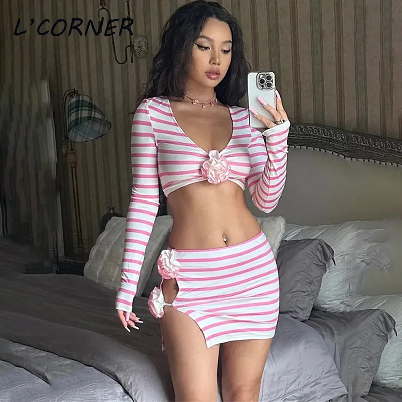 

Two Piece Sets Skirt Sets Y2k Sexy Deep V-neck Crop Tops Hook Flower Hollow Mini Dress 2pcs Sets Party Club Womens Outifits