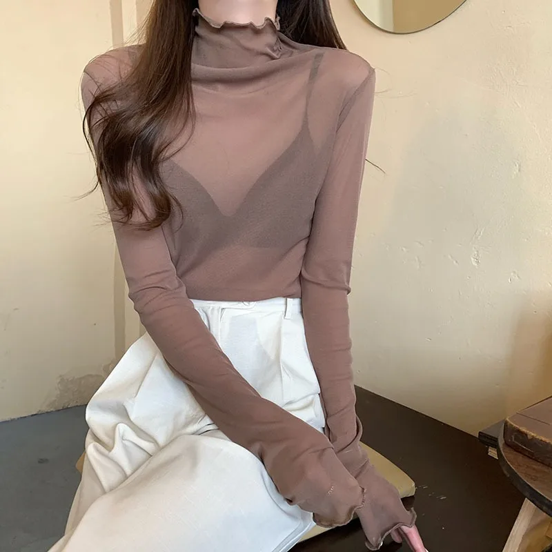 Sexy Women T Shirt See Through Transparent Mesh Tops Long Sleeve Autumn Ladies Solid Turtleneck Silk T-Shirt Lace Crop Top