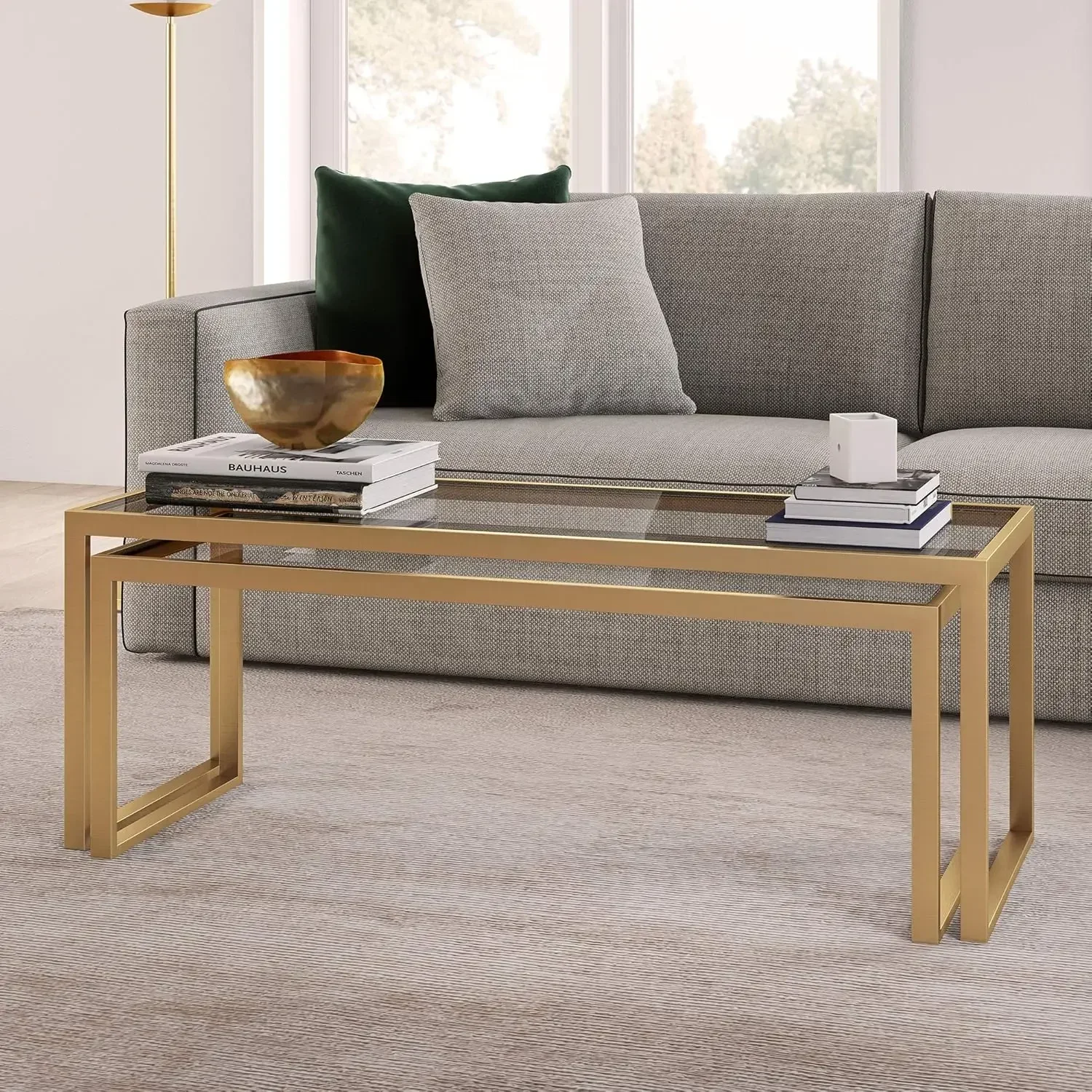 Rectangular Nested Coffee Table in Brass, Modern coffee tables for living room, studio apartment essentials 2