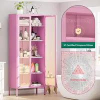 5-Tier Metal Glass Display Cabinet, Tall Curio Storage with Pink Steel Shelves, Ideal for Home Office, Living Room, Pantry 3