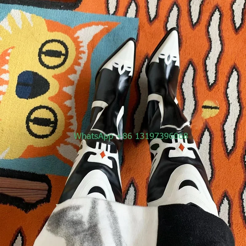 

Женские ковбойские сапоги с острым носком, сапоги до колена с принтом, этнические сапоги с острым носком, черные, белые сапоги с вышивкой, большой размер 40