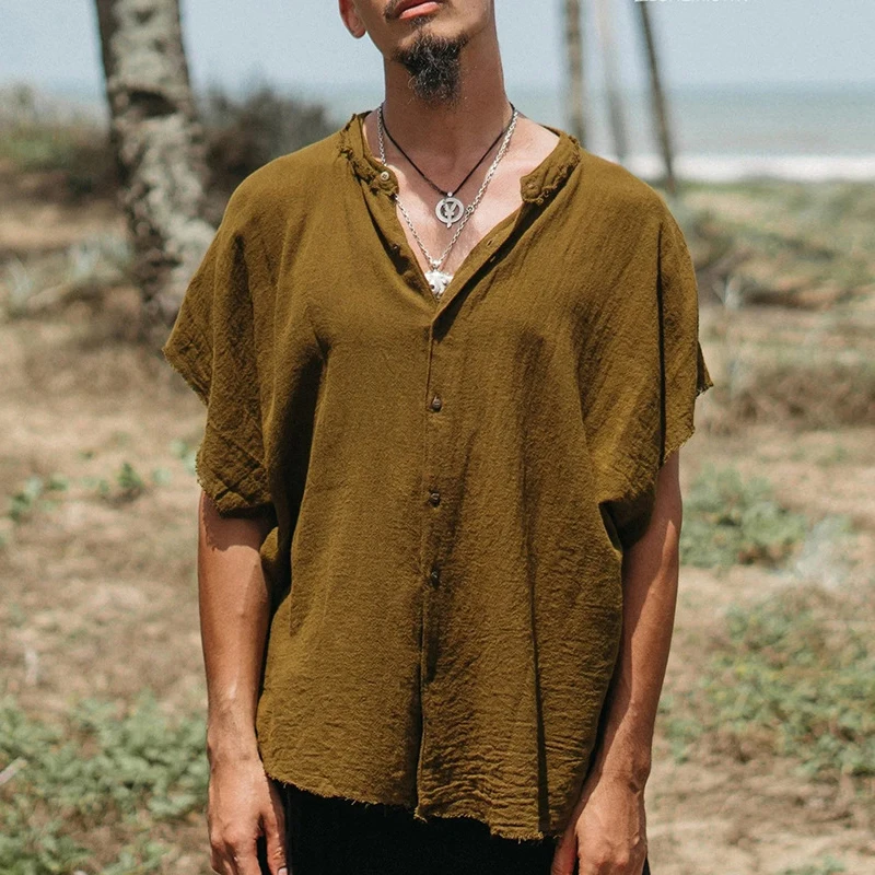 

Mens Vintage Lapel Short Sleeve Button Ripped Cardigan Men 2023 Spring Summer Casual Solid Color Loose Tops Cotton Linen Shirts