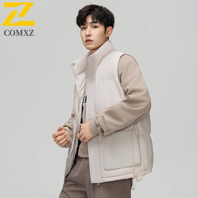 Autumn Winter Men's Down Work Vest Stand Collar  Loose Fit Waterproof Windproof Workwear Jacket for Hiking Camping Fishing 2025