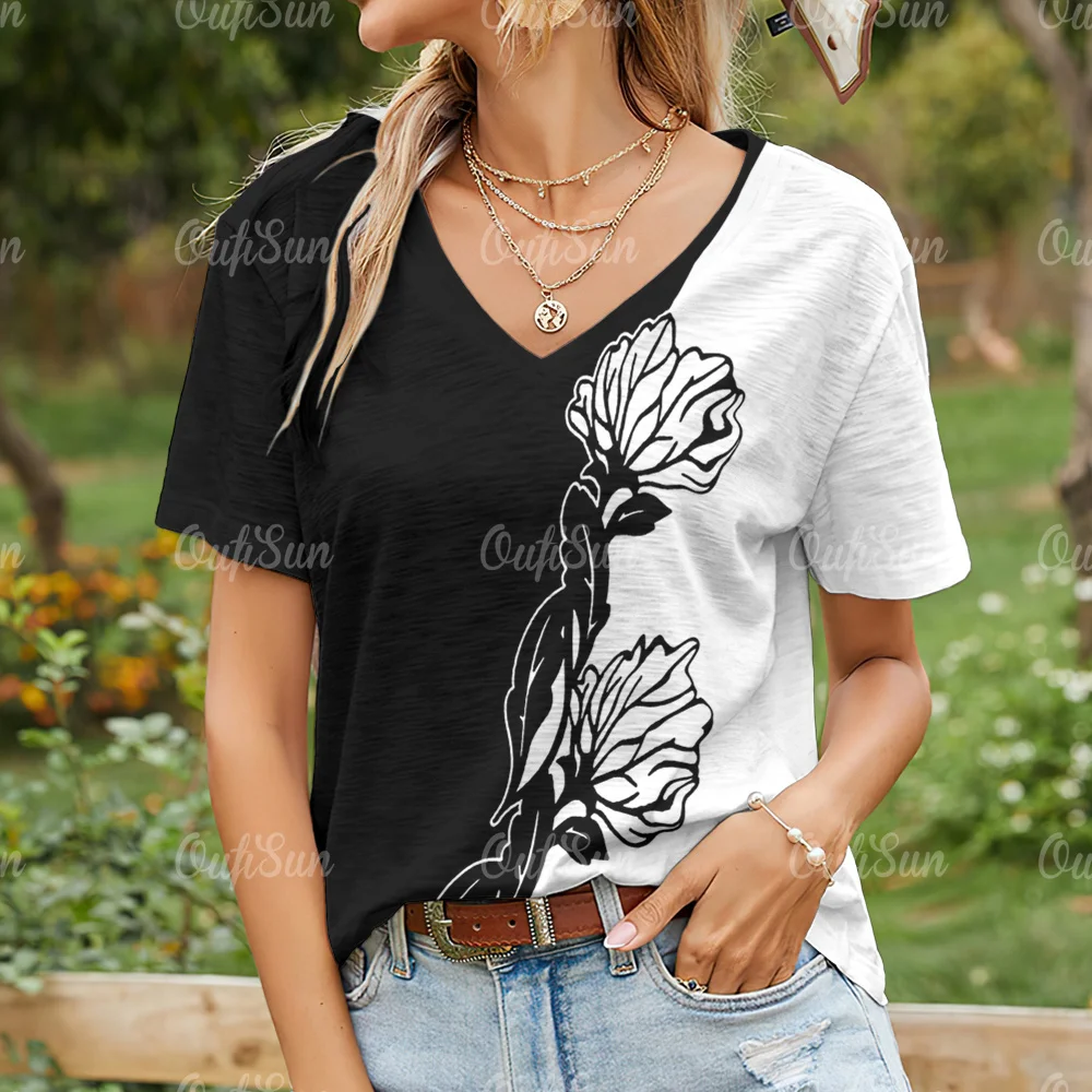 

Fashion Flower Print V-neck Women's T-shirt Summer Loose Short sleeve Arabesques Pattern Tees Tops Casual Y2k Female Clothing