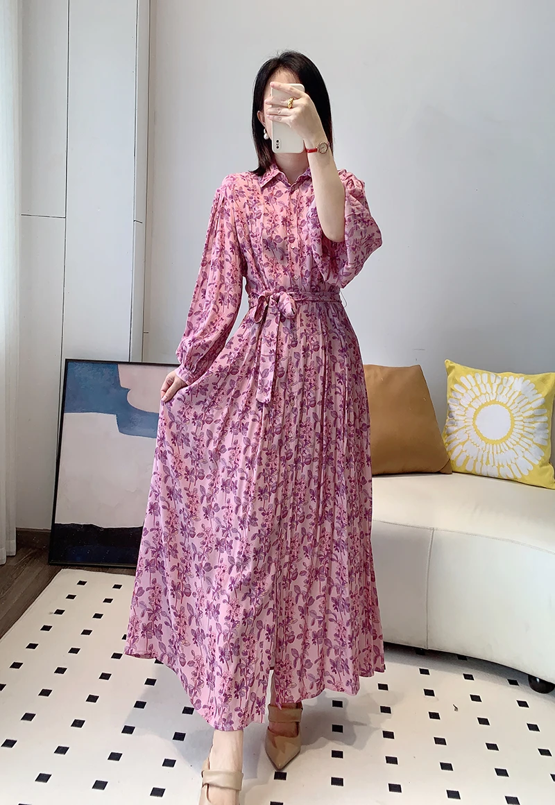 

New Spring Autumn Pink Purple Floral Print Sleeves Midi Shirt Dress EU36-42