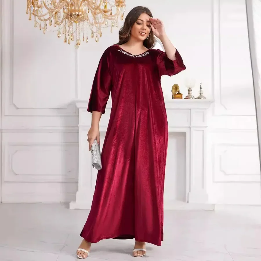 Abaya Dubai 2024 Spring Elegant Muslim Women 3/4 Sleeve V-neck Velvet Plus Size Long Maxi Dress Abaya Dress Muslim Fashion Abaya