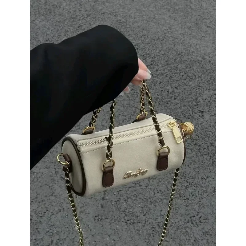 

Soft Handbag for Women Senior Sense Retro Niche Rhomb Chain Cylinder Bag Rice Brown Color Crossbody Bag