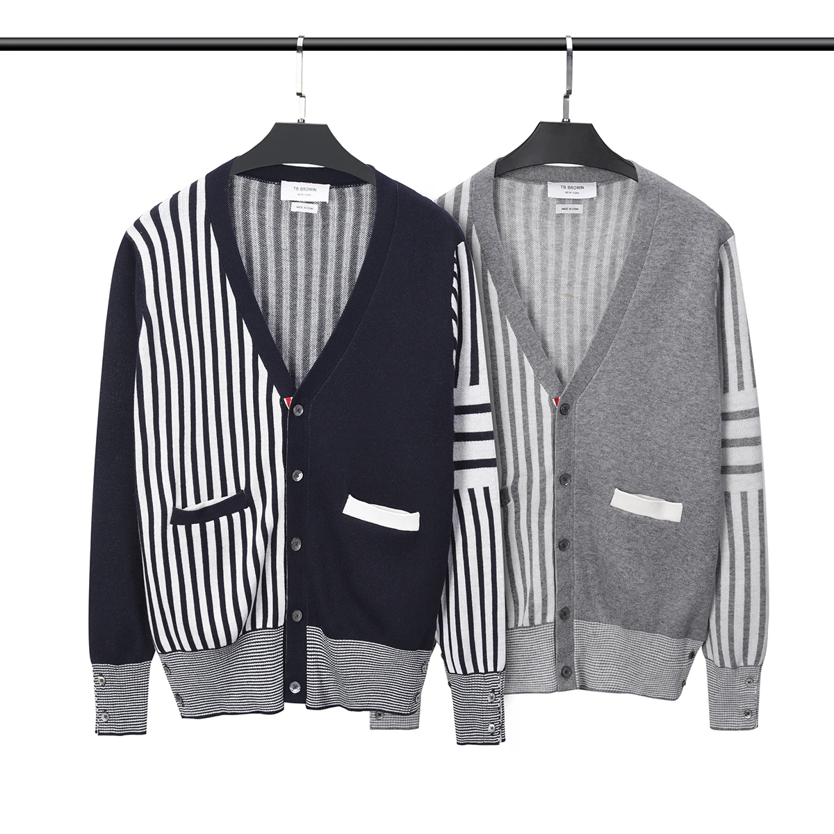 

TB Men's cardigan sweater V neck autumn color matching four-bar wool stripes casual knitted bottoming coat