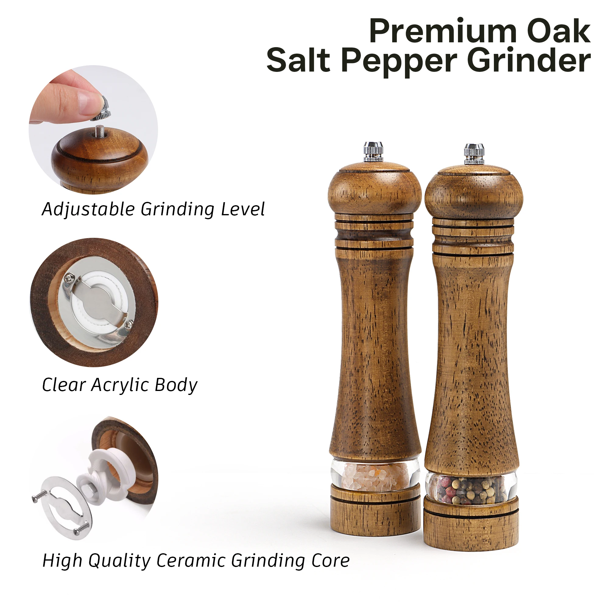 Wooden Spice Grinder with Acrylic Window &ndash; Adjustable Ceramic Mill for Pepper, Salt & More &ndash; Refillable Design 22cm