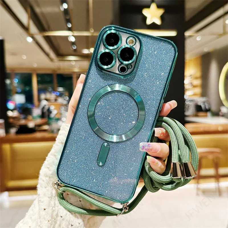 Sparkling Crossbody Lanyard Magnetic Phone Case with Electroplated Soft TPU Back Cover